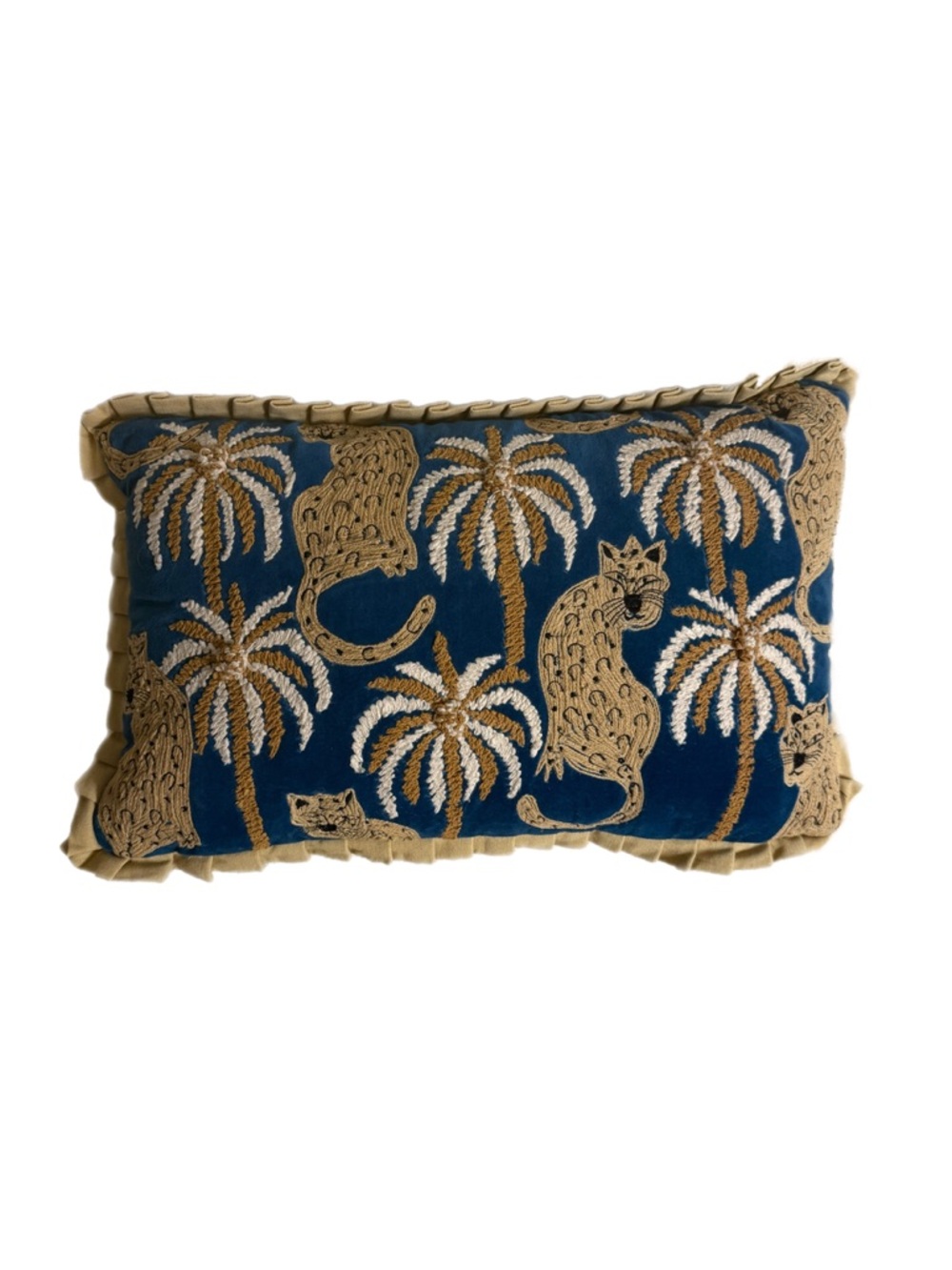 Blue/Tan Leopard Palm Embroidered Accent Pillow Decor Boho Anthropologie Style